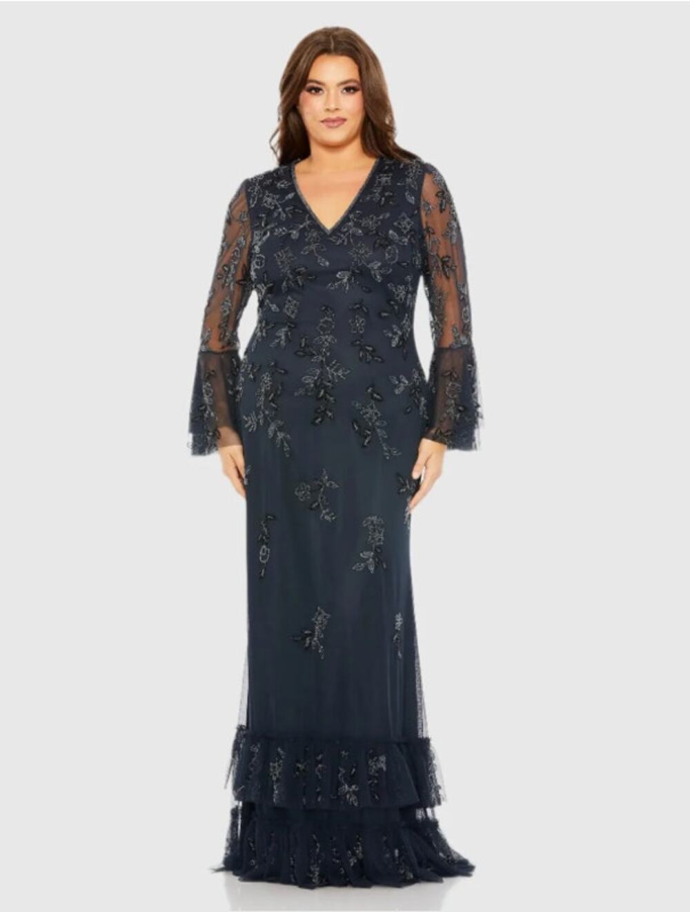 Mac Duggal 9239 Navy Blue Long Bell Sleeve Embellished Ruffle Hem Gown 18W